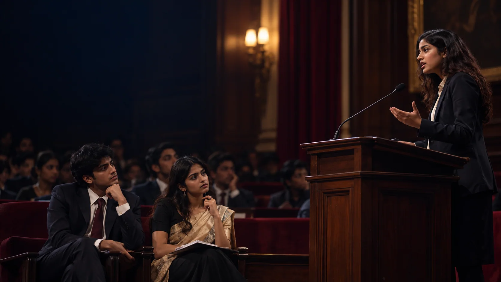 A student in the audience listening closely to a speaker at the podium